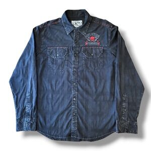 Affliction Motors Black Button Up Shirt Embroidered Logo & Red Accents Sz Large